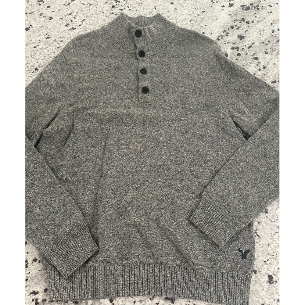 American Eagle Men's Gray Mock Neck Button Henley Sweater Size L Large